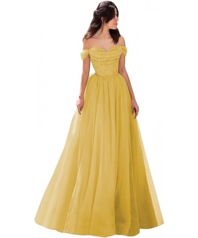 Off Shoulder Sequin Prom Dresses Tulle Ball Gowns Sparkly A Line Formal Evening Gowns for Women Gold $35.28 Dresses