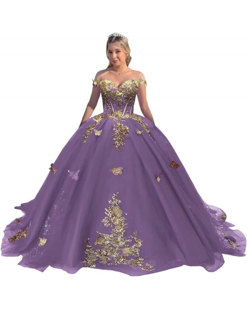 Off Shoulder Quinceanera Dresses Puffy Tulle Ball Gowns for Women Gold Appliques Sweet 16 Dresses Dusty Purple $48.00 Dresses