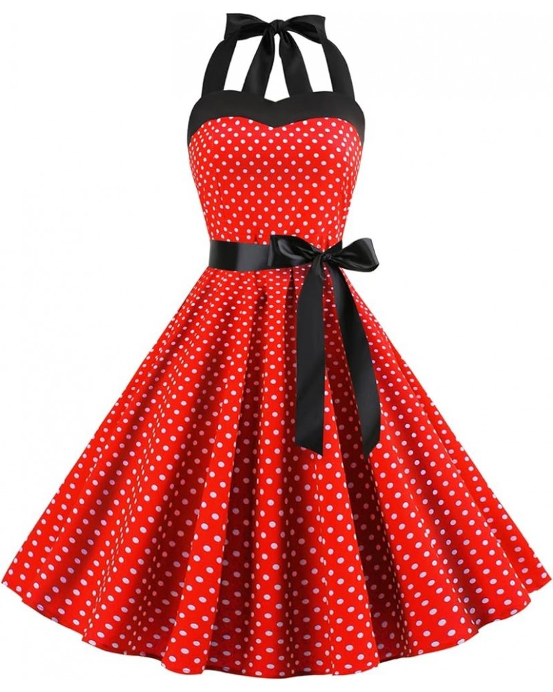 Vintage Women 1950s Rockabilly Swing Dress Pinup 50s Retro Hepburn Style Halterneck A-Line Dresses A: Red $13.44 Dresses