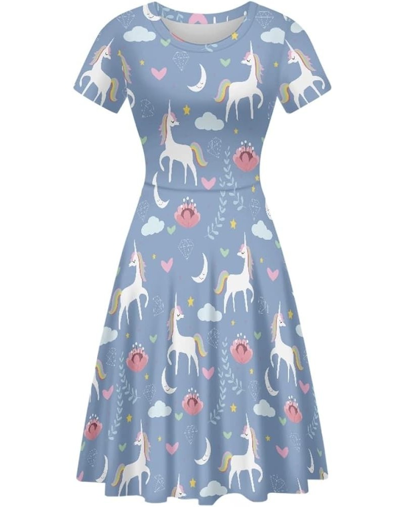 Women's Casual Animal Floral Print Short Sleeve A Line Swing T Shirt Dress Plus Size Blue Unicorn Flower $11.20 Dresses