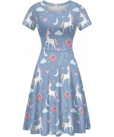 Women's Casual Animal Floral Print Short Sleeve A Line Swing T Shirt Dress Plus Size Blue Unicorn Flower $11.20 Dresses