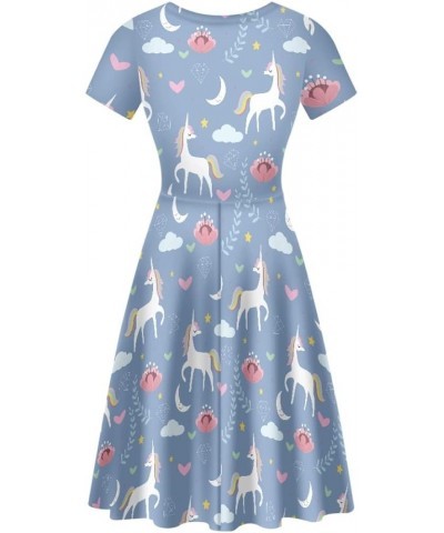 Women's Casual Animal Floral Print Short Sleeve A Line Swing T Shirt Dress Plus Size Blue Unicorn Flower $11.20 Dresses