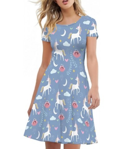 Women's Casual Animal Floral Print Short Sleeve A Line Swing T Shirt Dress Plus Size Blue Unicorn Flower $11.20 Dresses