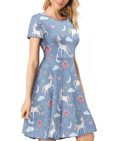 Women's Casual Animal Floral Print Short Sleeve A Line Swing T Shirt Dress Plus Size Blue Unicorn Flower $11.20 Dresses