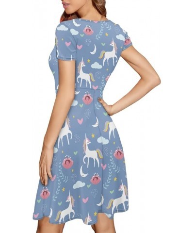 Women's Casual Animal Floral Print Short Sleeve A Line Swing T Shirt Dress Plus Size Blue Unicorn Flower $11.20 Dresses