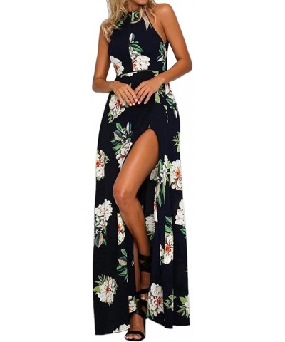 Women's 2024 Summer Halter Neck Floral Print Backless Split Beach Party Maxi Dress Dark Blue $16.80 Dresses