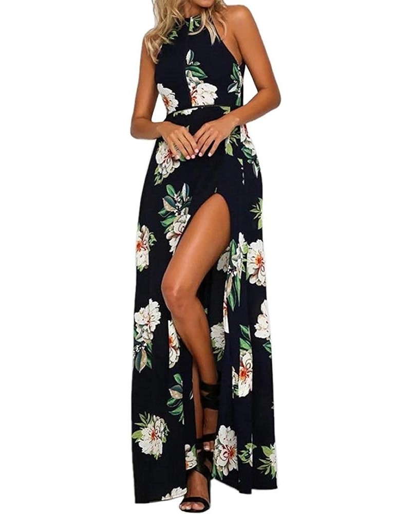 Women's 2024 Summer Halter Neck Floral Print Backless Split Beach Party Maxi Dress Dark Blue $16.80 Dresses