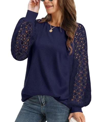 Women Trendy Blouses Casual Loose Knit Tops Pullover Hollow-Out Lace Long Sleeve Shirts TY3 Ty3 Navy Blue $11.99 Blouses