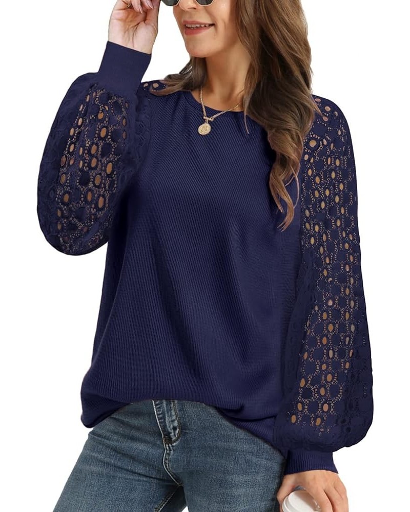 Women Trendy Blouses Casual Loose Knit Tops Pullover Hollow-Out Lace Long Sleeve Shirts TY3 Ty3 Navy Blue $11.99 Blouses