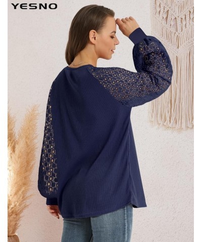 Women Trendy Blouses Casual Loose Knit Tops Pullover Hollow-Out Lace Long Sleeve Shirts TY3 Ty3 Navy Blue $11.99 Blouses