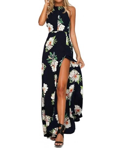 Women's 2024 Summer Halter Neck Floral Print Backless Split Beach Party Maxi Dress Dark Blue $16.80 Dresses