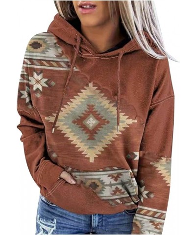 Western Aztec Hoodies for Women Geometric Print Cowgirl Ethnic Style Pullover Top Drawstring Long Sleeve Sweatshirt Z22-coffe...