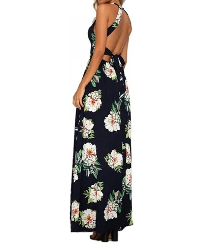 Women's 2024 Summer Halter Neck Floral Print Backless Split Beach Party Maxi Dress Dark Blue $16.80 Dresses