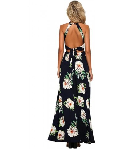 Women's 2024 Summer Halter Neck Floral Print Backless Split Beach Party Maxi Dress Dark Blue $16.80 Dresses