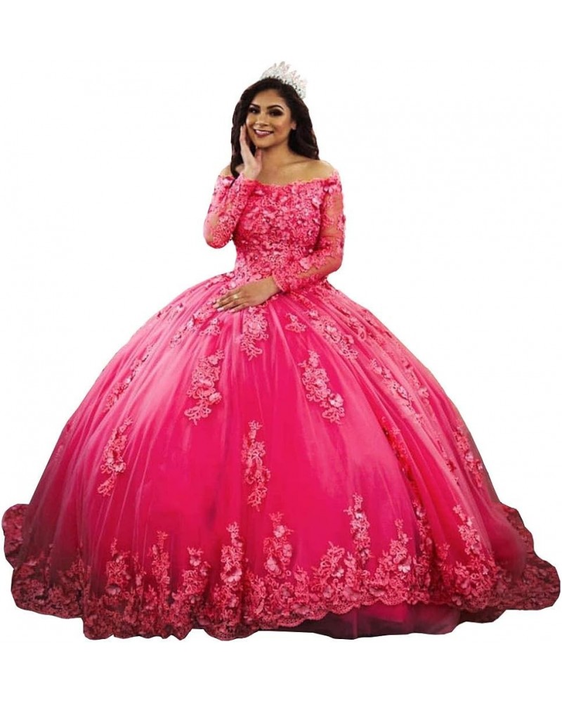 Women's Lace Appliques Quinceanera Dress Long Sleeves Ball Gown Hot Pink $61.25 Dresses