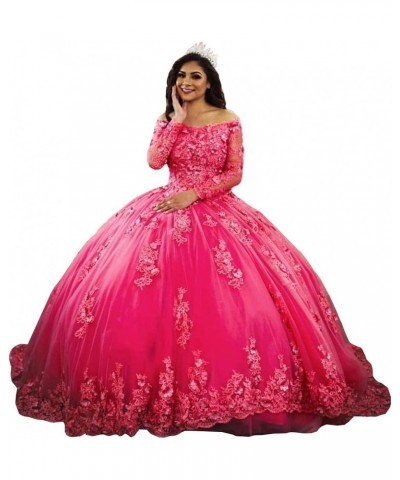 Women's Lace Appliques Quinceanera Dress Long Sleeves Ball Gown Hot Pink $61.25 Dresses