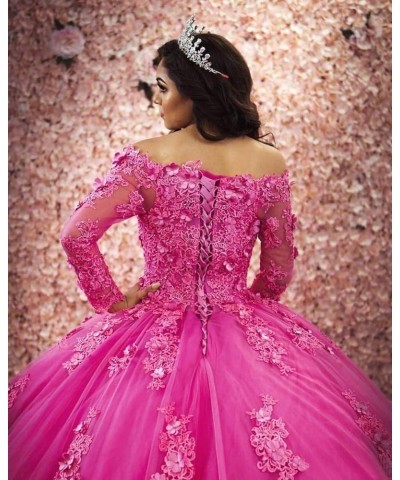 Women's Lace Appliques Quinceanera Dress Long Sleeves Ball Gown Hot Pink $61.25 Dresses