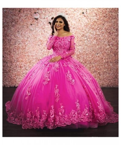 Women's Lace Appliques Quinceanera Dress Long Sleeves Ball Gown Hot Pink $61.25 Dresses