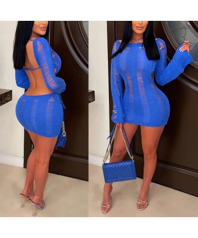 Women Sexy Crochet Knitted Hollow Out Long Sleeve Mini Dress Backless Bodycon Club Party Night Dress Y2K Dress Blue $19.35 Dr...