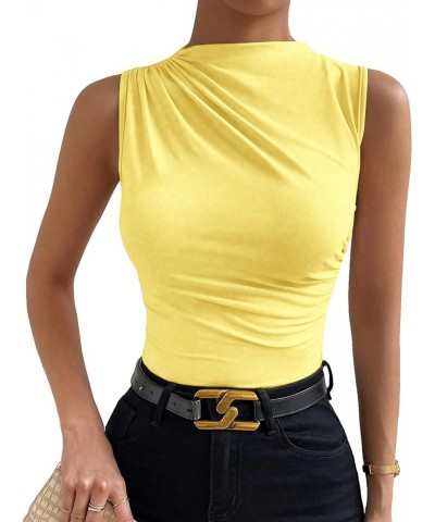 Women's Casual Ruched Mock Neck Tank Top Sleeveless Slim Fit Work Shirt Tops Yellow $11.52 Tanks