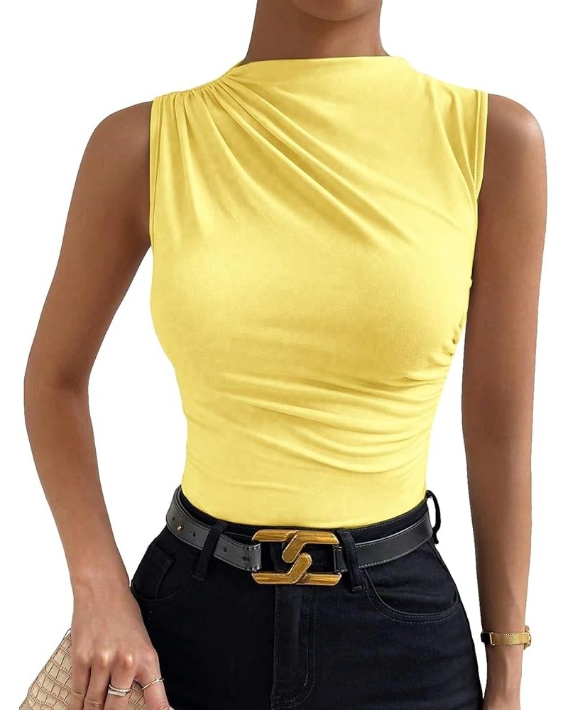 Women's Casual Ruched Mock Neck Tank Top Sleeveless Slim Fit Work Shirt Tops Yellow $11.52 Tanks