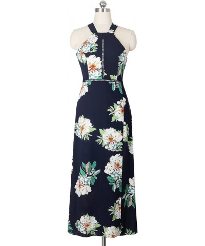 Women's 2024 Summer Halter Neck Floral Print Backless Split Beach Party Maxi Dress Dark Blue $16.80 Dresses