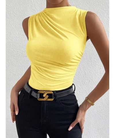 Women's Casual Ruched Mock Neck Tank Top Sleeveless Slim Fit Work Shirt Tops Yellow $11.52 Tanks