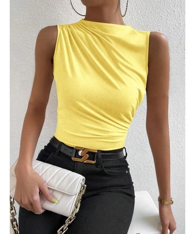 Women's Casual Ruched Mock Neck Tank Top Sleeveless Slim Fit Work Shirt Tops Yellow $11.52 Tanks