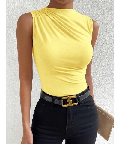 Women's Casual Ruched Mock Neck Tank Top Sleeveless Slim Fit Work Shirt Tops Yellow $11.52 Tanks