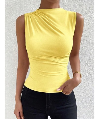 Women's Casual Ruched Mock Neck Tank Top Sleeveless Slim Fit Work Shirt Tops Yellow $11.52 Tanks