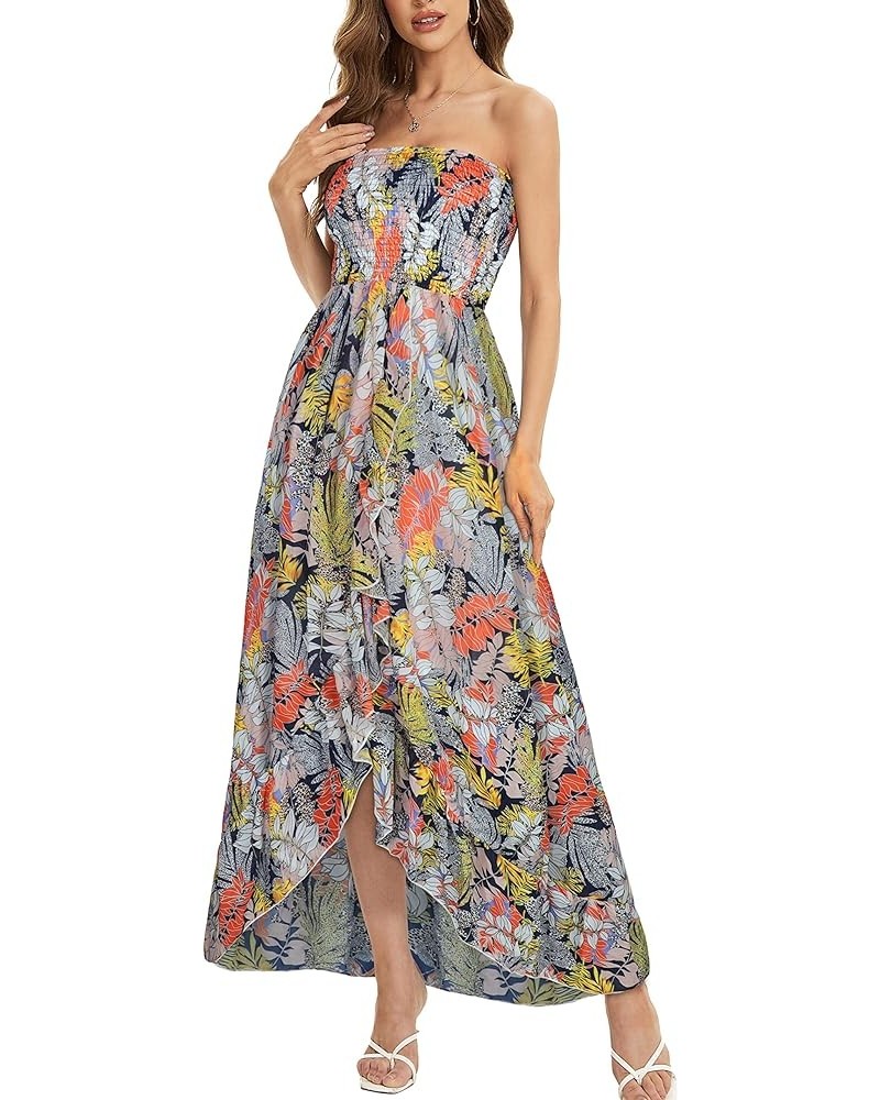 Summer Dress for Women Strapless Ruffle Sundresses Split Maxi Dresses Tube Cover-ups Dense Leaves $11.50 Swimsuits