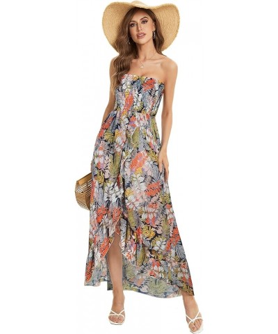 Summer Dress for Women Strapless Ruffle Sundresses Split Maxi Dresses Tube Cover-ups Dense Leaves $11.50 Swimsuits