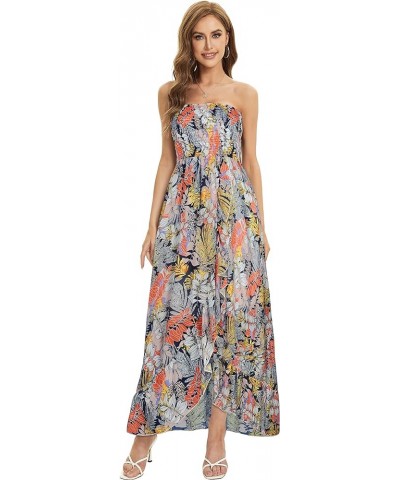 Summer Dress for Women Strapless Ruffle Sundresses Split Maxi Dresses Tube Cover-ups Dense Leaves $11.50 Swimsuits