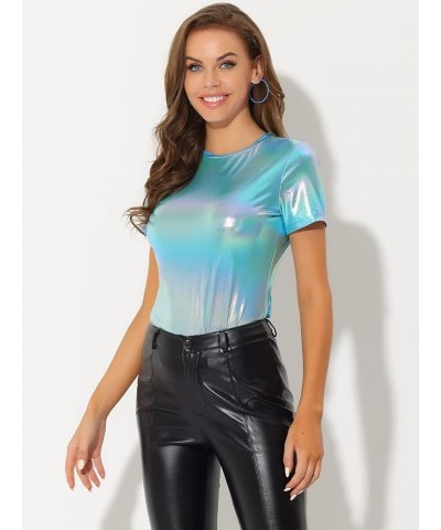 Women's Party Metallic Textured Short Sleeve Shiny Multicolor Top Blue Shiny $19.46 Blouses