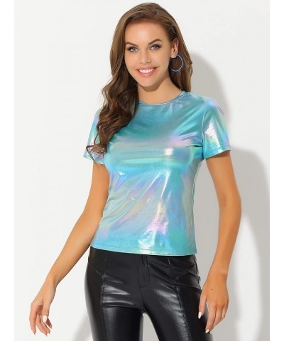 Women's Party Metallic Textured Short Sleeve Shiny Multicolor Top Blue Shiny $19.46 Blouses