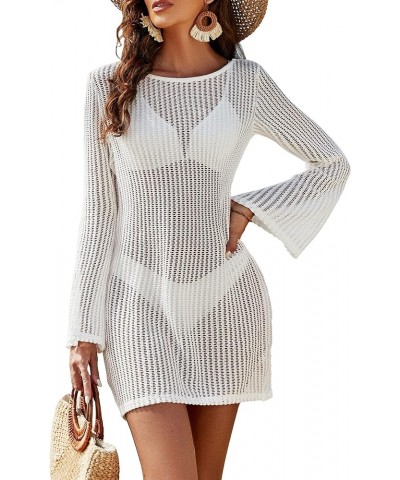 Women's Swimsuit Coverup Crochet Bikini Cover Ups Hollow Out Net Longsleeve Swimwear for Beach White $13.20 Swimsuits