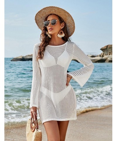 Women's Swimsuit Coverup Crochet Bikini Cover Ups Hollow Out Net Longsleeve Swimwear for Beach White $13.20 Swimsuits