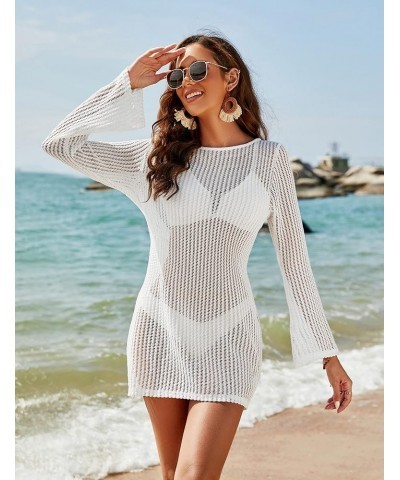 Women's Swimsuit Coverup Crochet Bikini Cover Ups Hollow Out Net Longsleeve Swimwear for Beach White $13.20 Swimsuits