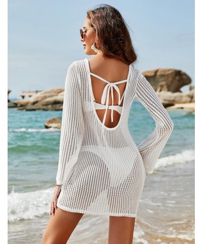 Women's Swimsuit Coverup Crochet Bikini Cover Ups Hollow Out Net Longsleeve Swimwear for Beach White $13.20 Swimsuits