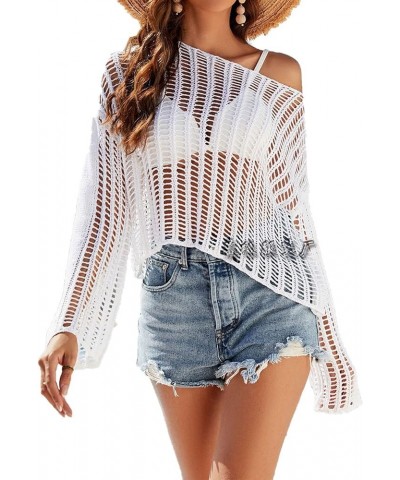 Women's Summer Mesh Cover Up Crochet Hollow Out Long Sleeve Crewneck Beach Bikini Swimsuit Tunic Top White $18.89 Swimsuits