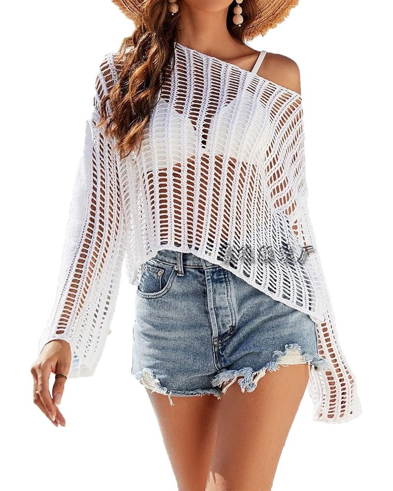 Women's Summer Mesh Cover Up Crochet Hollow Out Long Sleeve Crewneck Beach Bikini Swimsuit Tunic Top White $18.89 Swimsuits