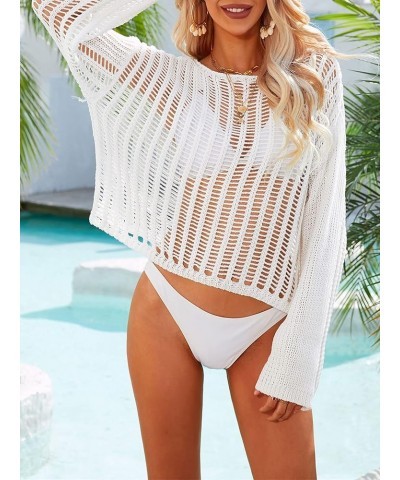 Women's Summer Mesh Cover Up Crochet Hollow Out Long Sleeve Crewneck Beach Bikini Swimsuit Tunic Top White $18.89 Swimsuits