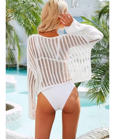 Women's Summer Mesh Cover Up Crochet Hollow Out Long Sleeve Crewneck Beach Bikini Swimsuit Tunic Top White $18.89 Swimsuits