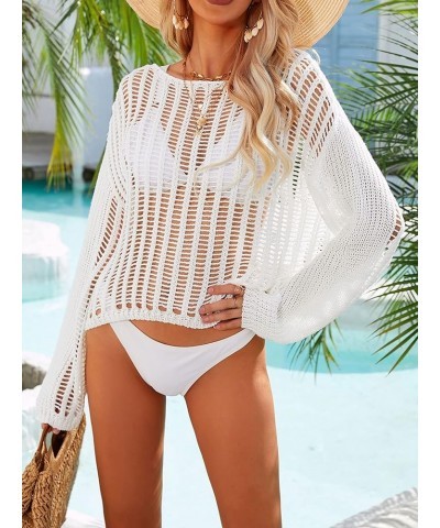 Women's Summer Mesh Cover Up Crochet Hollow Out Long Sleeve Crewneck Beach Bikini Swimsuit Tunic Top White $18.89 Swimsuits