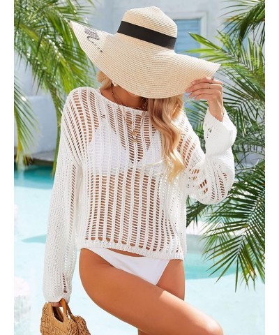 Women's Summer Mesh Cover Up Crochet Hollow Out Long Sleeve Crewneck Beach Bikini Swimsuit Tunic Top White $18.89 Swimsuits