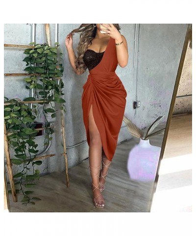 Women's Plus Size Dresses for Curvy Wedding Guest Dresses Solid Color Sexy Sequin Slit Maxi Smocked One Dress 1-brown $28.80 ...