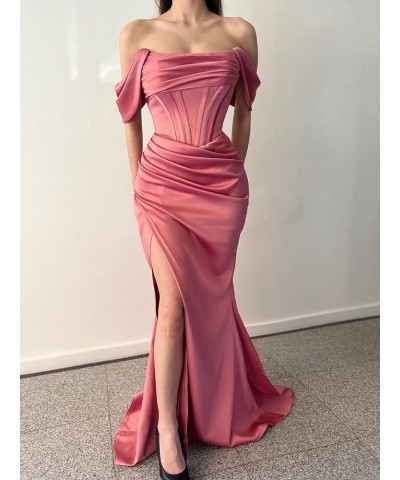 Women's Drapped Sleeves Mermaid Prom Dresses Ruched Satin Long Formal Evening Gowns with Slit YZTS091 Fuchsia $36.55 Dresses