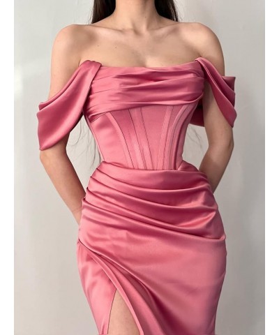 Women's Drapped Sleeves Mermaid Prom Dresses Ruched Satin Long Formal Evening Gowns with Slit YZTS091 Fuchsia $36.55 Dresses