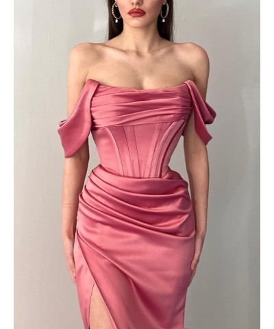 Women's Drapped Sleeves Mermaid Prom Dresses Ruched Satin Long Formal Evening Gowns with Slit YZTS091 Fuchsia $36.55 Dresses