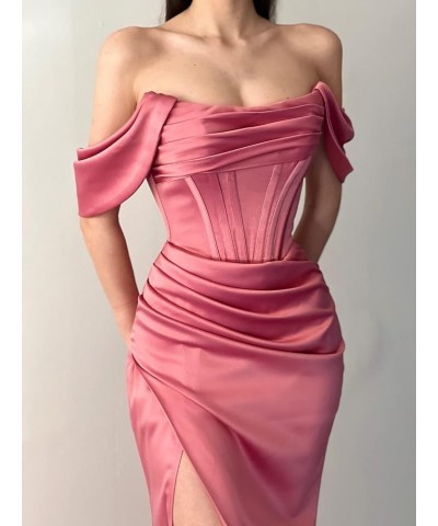 Women's Drapped Sleeves Mermaid Prom Dresses Ruched Satin Long Formal Evening Gowns with Slit YZTS091 Fuchsia $36.55 Dresses